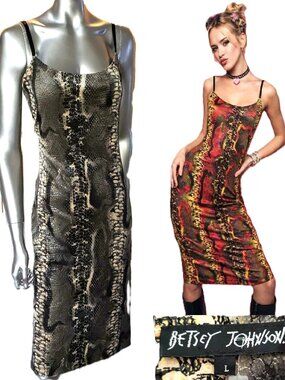 $SOLD$ Vintage Betsey Johnson Slip Dress 90s Gray Black Snakeskin Velvet Midi L